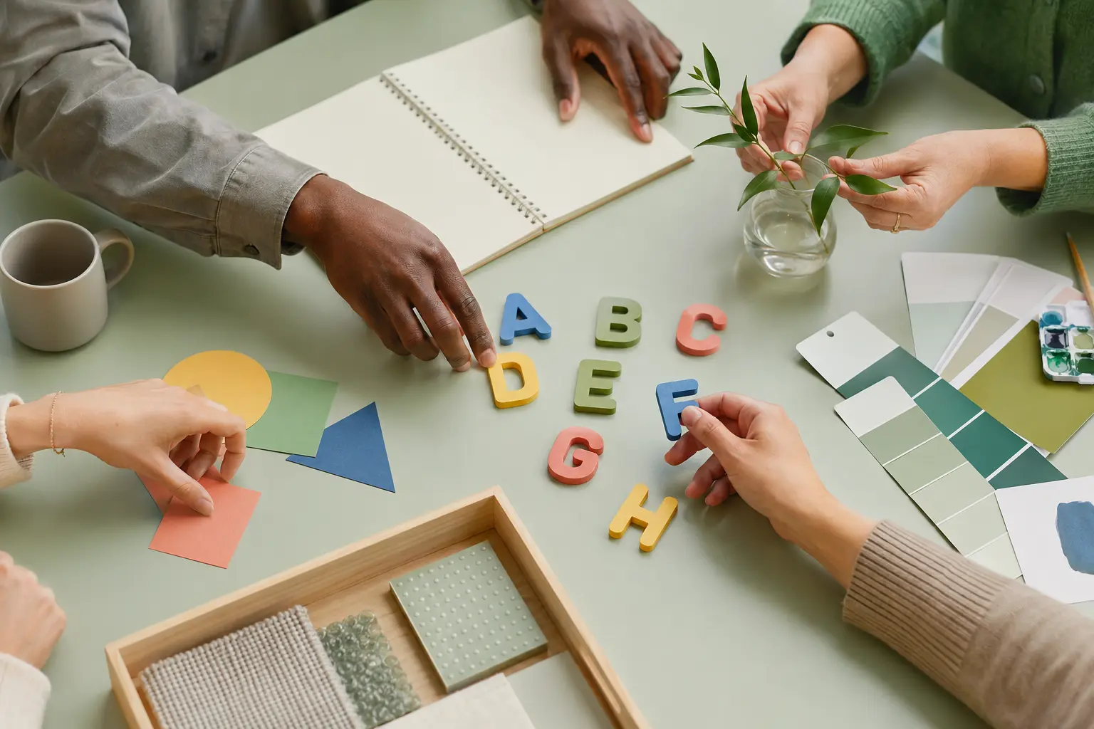 Mãos colaborando com materiais educativos coloridos sobre uma mesa verde clara